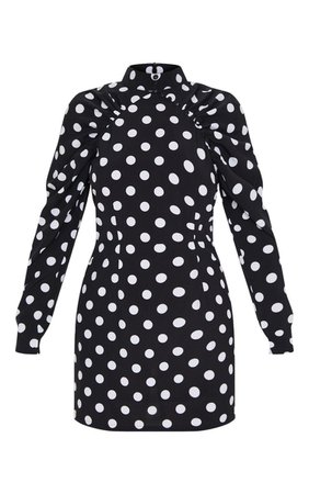 Black Polka Dot High Neck Puff Sleeve Button Detail Shift Mini Dress | PrettyLittleThing USA