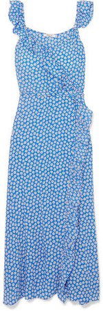 Ruffled Floral-print Crepe De Chine Dress - Blue