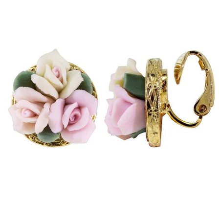 1928 Jewelry Gold Tone 3 Flower Pink & White Porcelain Flower Round Button Clip On Earrings