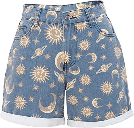 Amazon.com: Women's Denim Shorts Printed Pattern Shorts Women Short Pant School Loose Ladies Short Jeans (Color : Sun Star Shorts, Size : S.) : Clothing, Shoes & Jewelry