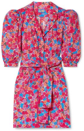 LHD - Casitas Belted Printed Cotton-blend Poplin Mini Dress - Pink