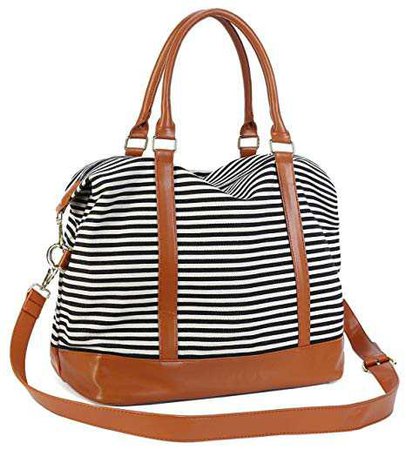 Amazon.com | Women Ladies Canvas Weekender Bag Overnight Carry-on Tote Duffel in Trolley Handle (Black Stripe) | Carry-Ons