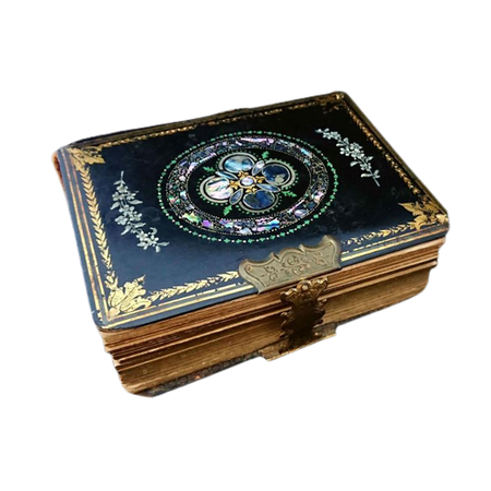 Antique Victorian photo album composed of pearl shell inlay, gold gilding, embossed leather work and black lacquer and hand painted motifs, c. 1850.