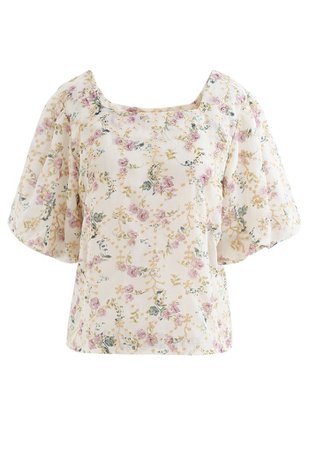 Floral Print Embroidered Bubble Sleeves Chiffon Top in Cream - Retro, Indie and Unique Fashion