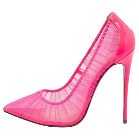 Christian Louboutin Neon Pink Chiffon And Patent Leather Draperia Pumps Size 41 For Sale at 1stDibs