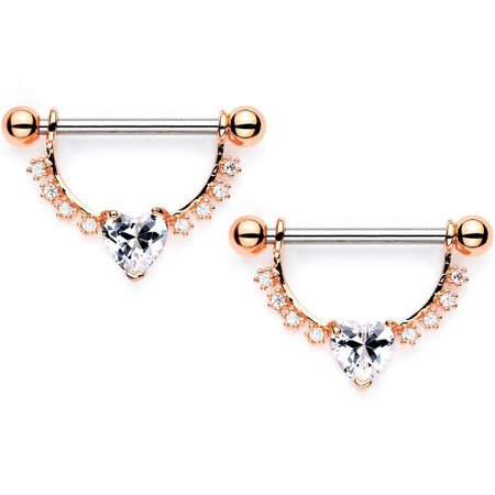 Clear CZ Gem Rose Gold Tone Lacy Heart Dangle Barbell Nipple Ring Set – BodyCandy
