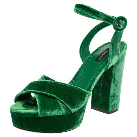 Dolce and Gabbana Green Velvet Keira Platform Ankle Wrap Sandals Size 40 For Sale at 1stDibs
