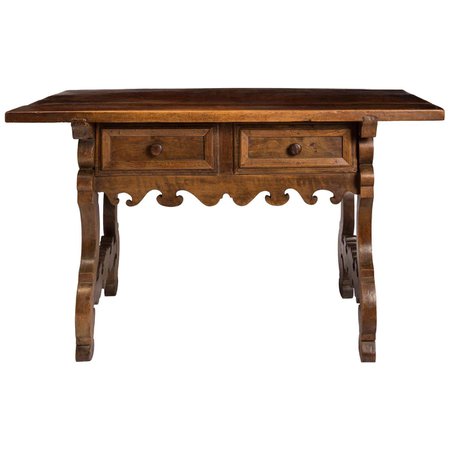 18th Century Spanish Baroque Trestle Style Writing Table Desk with Two Drawers For Sale at 1stDibs