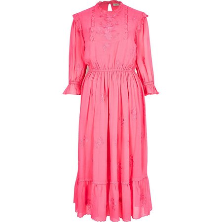 Pink embroidered long sleeve midi dress | River Island