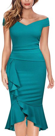 Amazon.com: Knitee Women's Off Shoulder V-Neck Ruffle Pleat Waist Bodycon Evening Cocktail Slit Formal Dress: Clothing