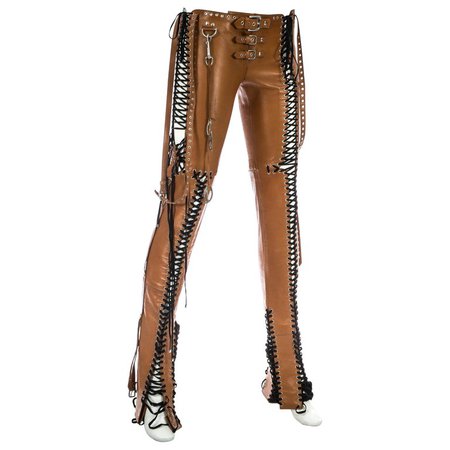 Dolce and Gabbana sample tan leather lace up flared pants, c. 2000s For Sale at 1stdibs