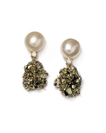 Jan Leslie 18k Bespoke Tribal Luxury 2-Tier Pearl, Pyrite, and Diamond Earrings
