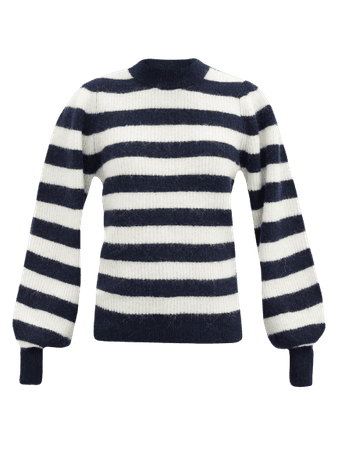 GANNI Striped balloon-sleeve wool-blend sweater
