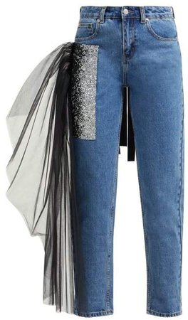 Germanier - Tulle Trim Crystal Embellished Straight Leg Jeans - Womens - Denim