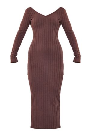Chocolate Wide Rib V Neck Long Sleeve Midaxi Dress | PrettyLittleThing USA