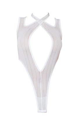 Cream Textured Mesh Double Strap Bodysuit | PrettyLittleThing USA
