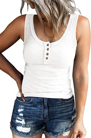 Kissfix Women Cute Tank Tops Sleeveless Ribbed Juniors Summer Basic Cami Knit Top Henley Button Down Trendy Blouses at Amazon Women’s Clothing store