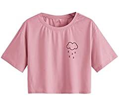 SweatyRocks Women's Summer Casual Short Sleeve Rainy Print Cute Crop Top T-Shirt Blue S at Amazon Women’s Clothing store