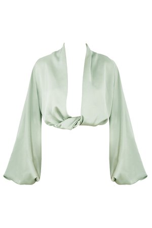 House of CB, TOSCA SAGE SILKY SATIN PLUNGE BLOUSON TOP