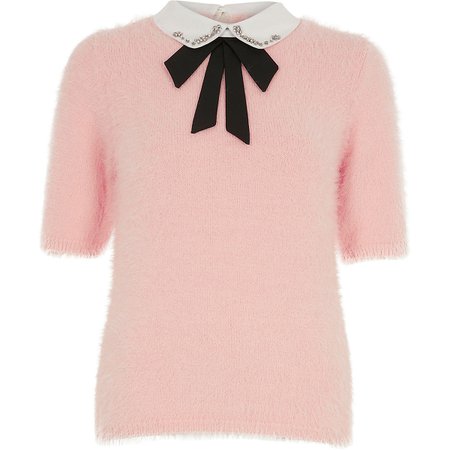Pink embellished collar fluff knitted top | River Island