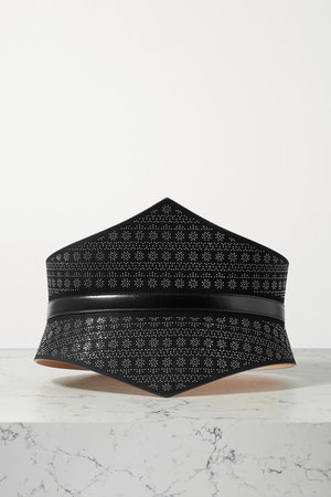 Black Studded leather-trimmed suede waist belt | Alaïa | NET-A-PORTER