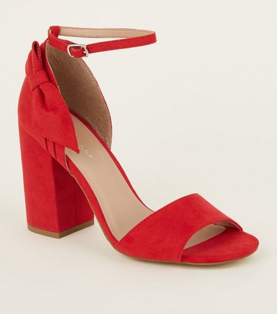 Red Suedette Side Bow Block Heels | New Look
