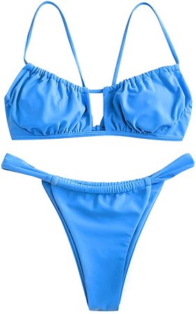 Amazon.com: ZAFUL Women's Elastic Strap Ruched Tie Front High Cut Bandeau Bikini Set Swimsuit (W-Green, M) : Clothing, Shoes & Jewelry