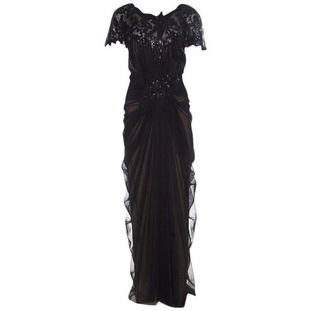 Tadashi Shoji Black Sequin Embellished Cap Sleeve Pegged Evening Gown XXL For Sale at 1stDibs