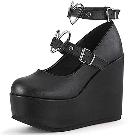 Amazon.com | CYNLLIO Women's Wedges Platform Mary Janes High Heel Pumps Sweet Kawaii Lolita Shoes Ankle Heart Buckle Strap Punk Goth Cosplay Dress Shoes Black | Pumps