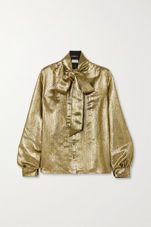 Gold Pussy-bow silk-blend lamé blouse | SAINT LAURENT | NET-A-PORTER