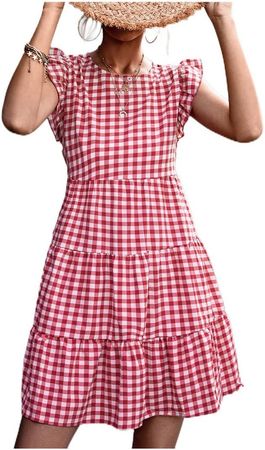 Amazon.com: OTBK Women's Casual Plaids Ruffled Sleeve Sundress Belted A-Line Vintage Check Dress，for Both Work and Play (Color : Red, Size : M/Medium) : Clothing, Shoes & Jewelry