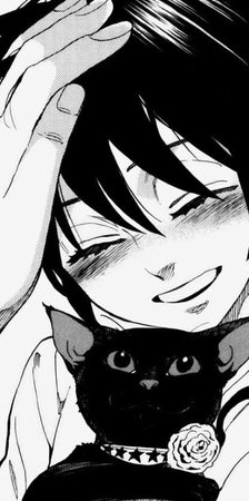anime boy cute: nabari no ou mikaru with cat (black and white)