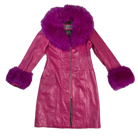 90s Y2k leather pink coat with sheepskin trim By... - Depop