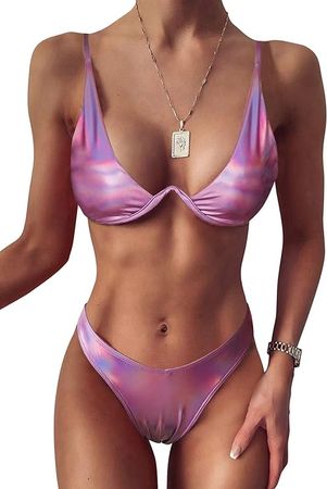 Amazon.com: SIAEAMRG 2 Pcs Thong Bikini Swimsuit for Women, High Waisted Liquid or Shiny Underwired Triangle Bathing Suits Swimwear (Pink, L) : Clothing, Shoes & Jewelry