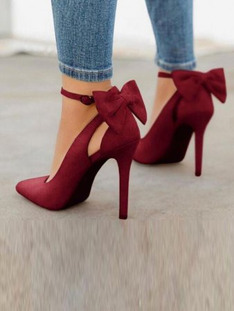 Wine Red Point Toe Stiletto Bow Fashion High-Heeled Shoes - Happy Hour