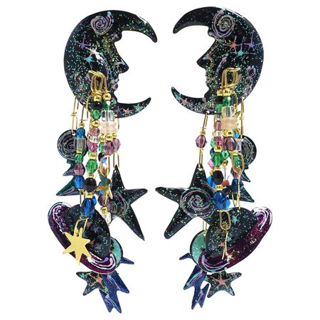 Vintage Signed “Lunch at the Ritz” 1989 Moon and Stars Dangling Earrings For Sale at 1stdibs