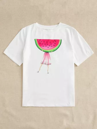Watermelon And Figure Print Tee | SHEIN USA white