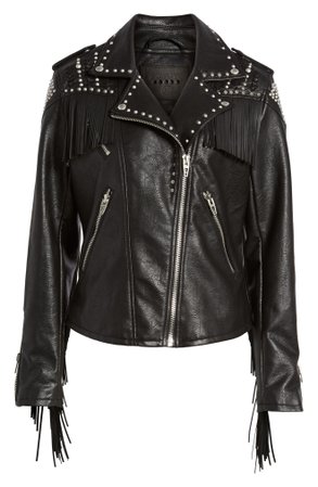 BLANKNYC Studded Fringe Faux Leather Moto Jacket