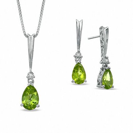 Pear-Shaped Peridot and Diamond Accent Pendant and Earrings Set in Sterling Silver | Peoples Jewellers