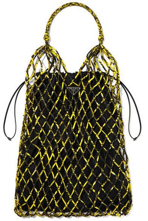 String Large Leather-trimmed Printed Nylon Macramé Tote - Yellow