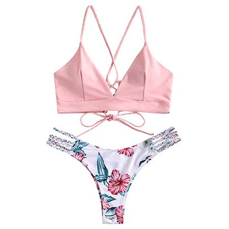 ZAFUL Women Braided Straps Lace Up Bikini Set Bralette Swimsuit Flower Bathing Suit Pink M: Clothing