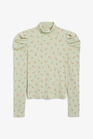 Puff sleeve turtleneck top - Green floral print - Turtleneck tops - Monki WW