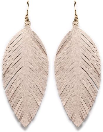 Amazon.com: Large Genuine Soft Leather Handmade Fringe Feather Lightweight Tear Drop Dangle Color Earrings for Women Girls Fashion (Beige): Clothing, Shoes & Jewelry