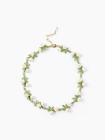 Faux Pearl Flowers & Leaves Necklace - Cider