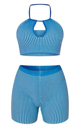 Blue Two Tone Rib Knit Shorts & Top Set | PrettyLittleThing USA