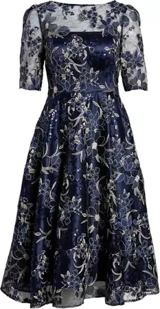 Nordstrom-Eliza J Sequin Floral Embroidery Fit & Flare Cocktail Midi Dress | Nordstrom