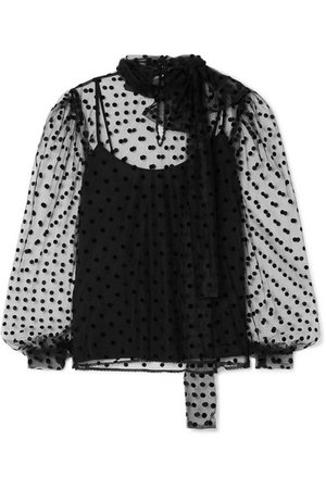 Costarellos | Bow-embellished polka-dot flocked tulle blouse | NET-A-PORTER.COM