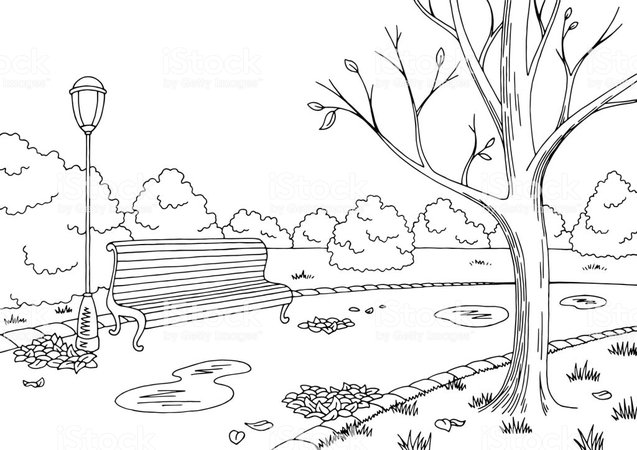 Autumn Park Graphic Black White Landscape Sketch Illustration Vector Stock Illustration - Download Image Now - iStock