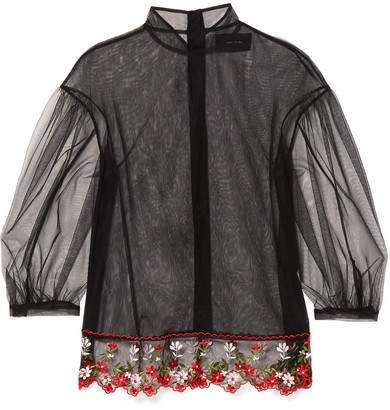 Floral-embroidered Tulle Blouse - Black
