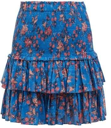 Naomi Shirred Tiered Cotton Mini Skirt - Womens - Blue